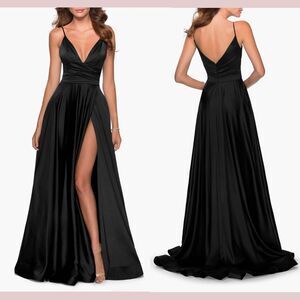 NEW $408 La Femme [ 2 ] V Neck‎ Strappy Back Satin Ballgown in Black